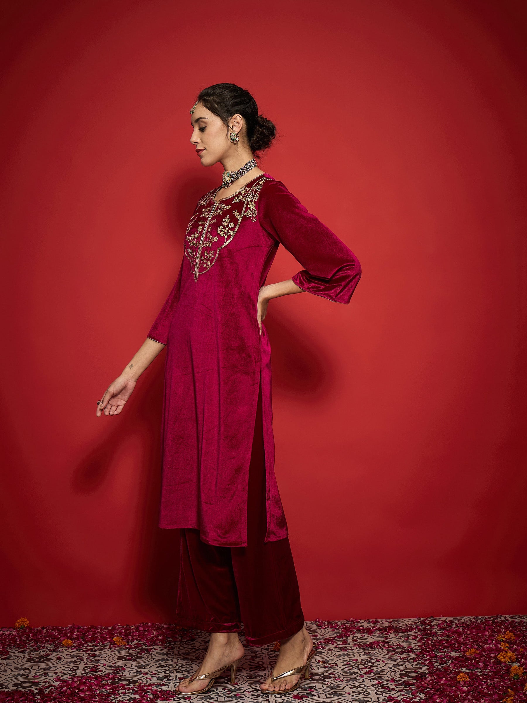 Fuchsia Velvet Round Neck Embroidered Kurta With Straight Pants-Shae by SASSAFRAS