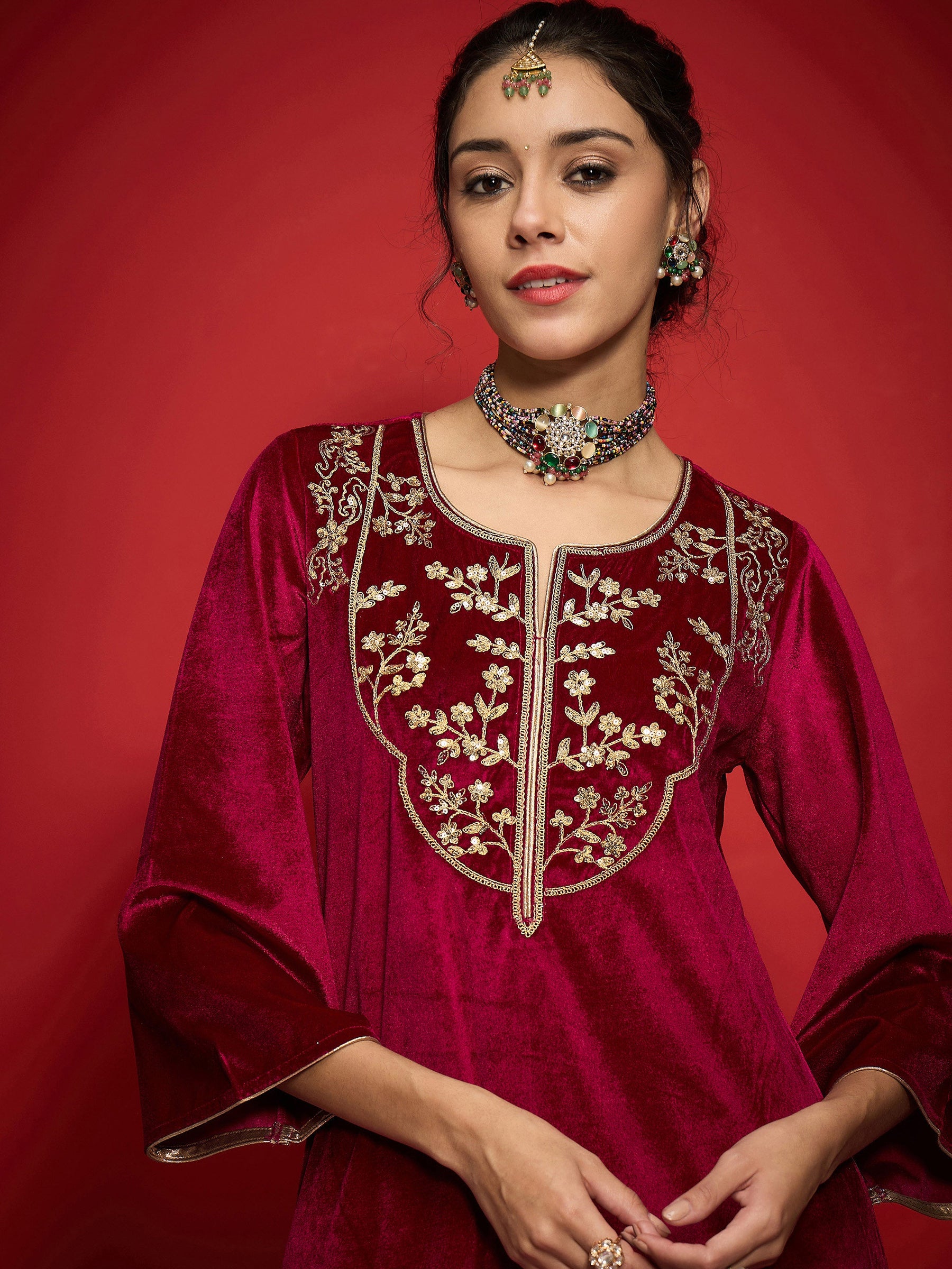 Fuchsia Velvet Round Neck Embroidered Kurta With Straight Pants-Shae by SASSAFRAS