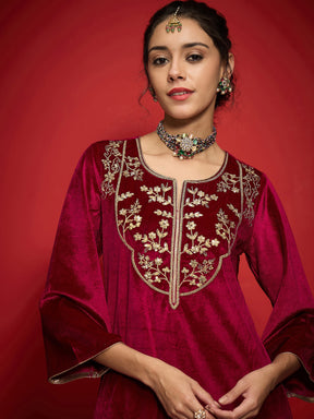 Fuchsia Velvet Round Neck Embroidered Kurta With Straight Pants-Shae by SASSAFRAS