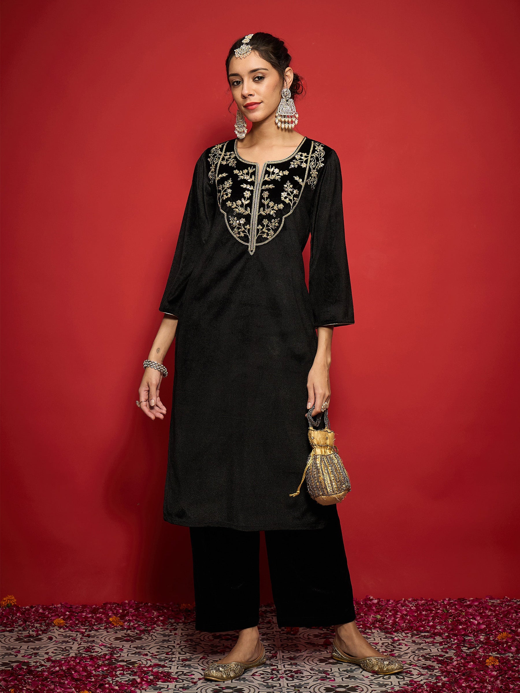 Black Velvet Round Neck Embroidered Kurta With Straight Pants -Shae by SASSAFRAS