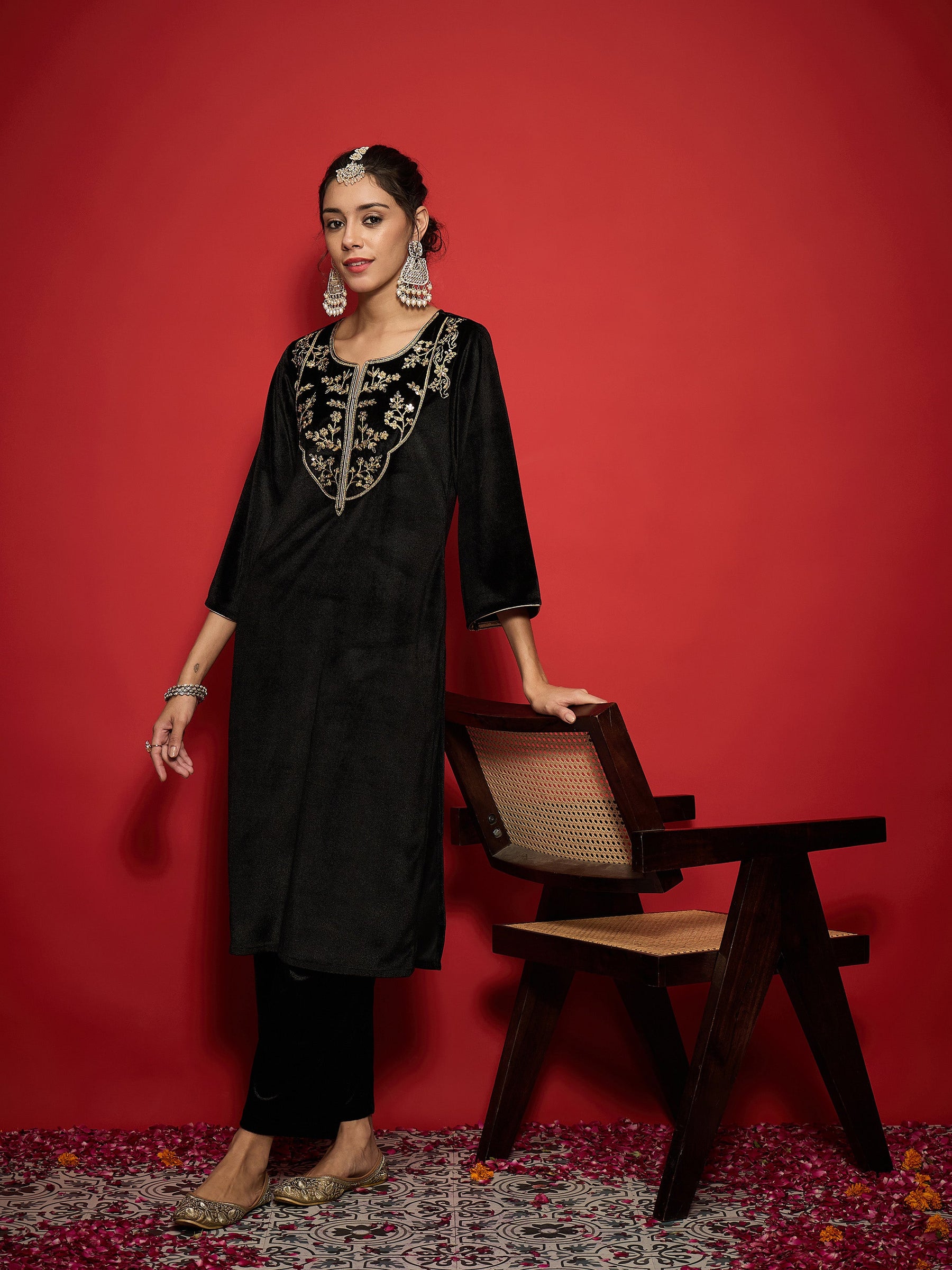 Black Velvet Round Neck Embroidered Kurta With Straight Pants -Shae by SASSAFRAS