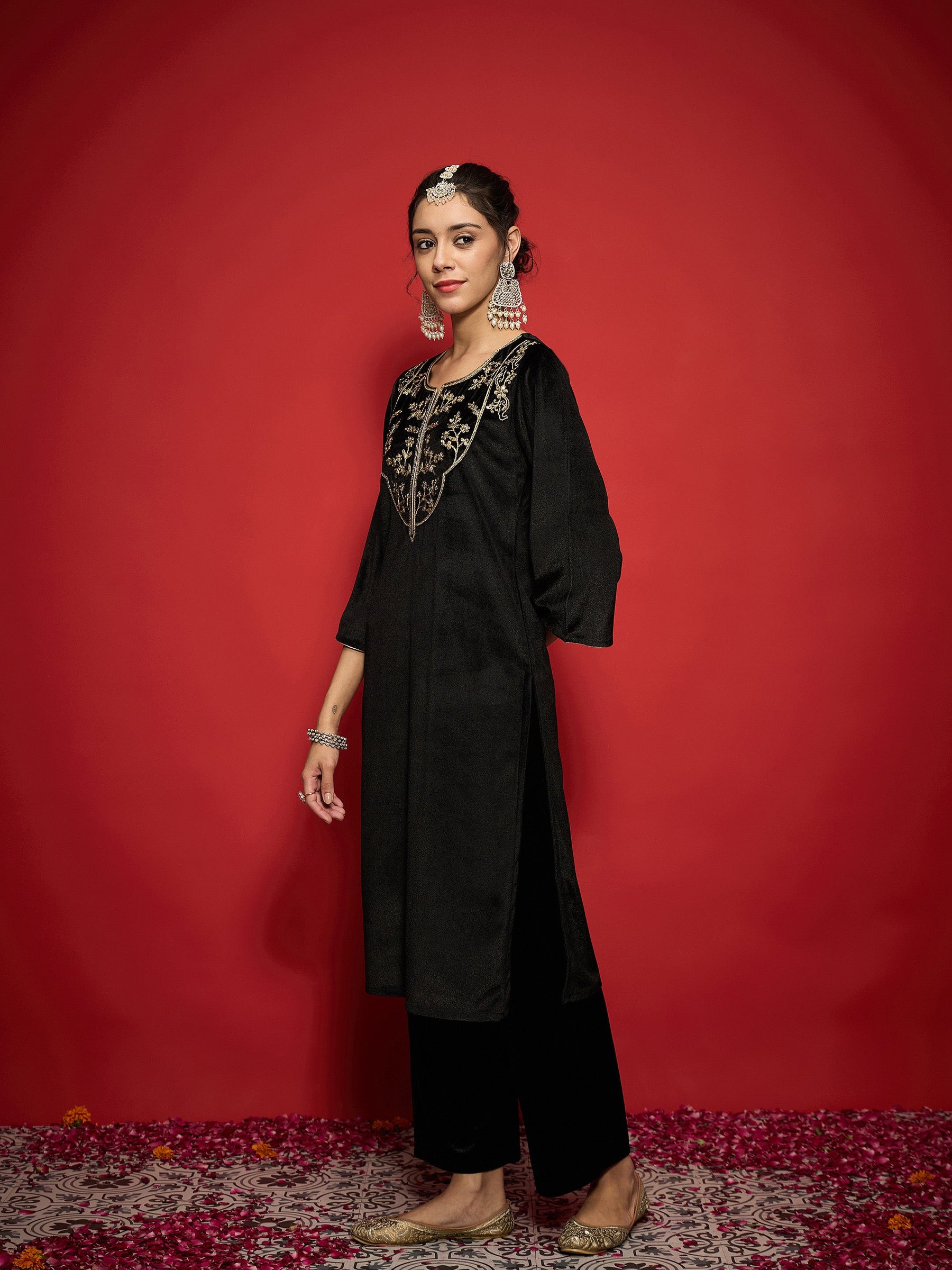 Black Velvet Round Neck Embroidered Kurta With Straight Pants -Shae by SASSAFRAS