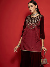 Maroon Velvet Front Embroidered Short Kurta-Shae by SASSAFRAS