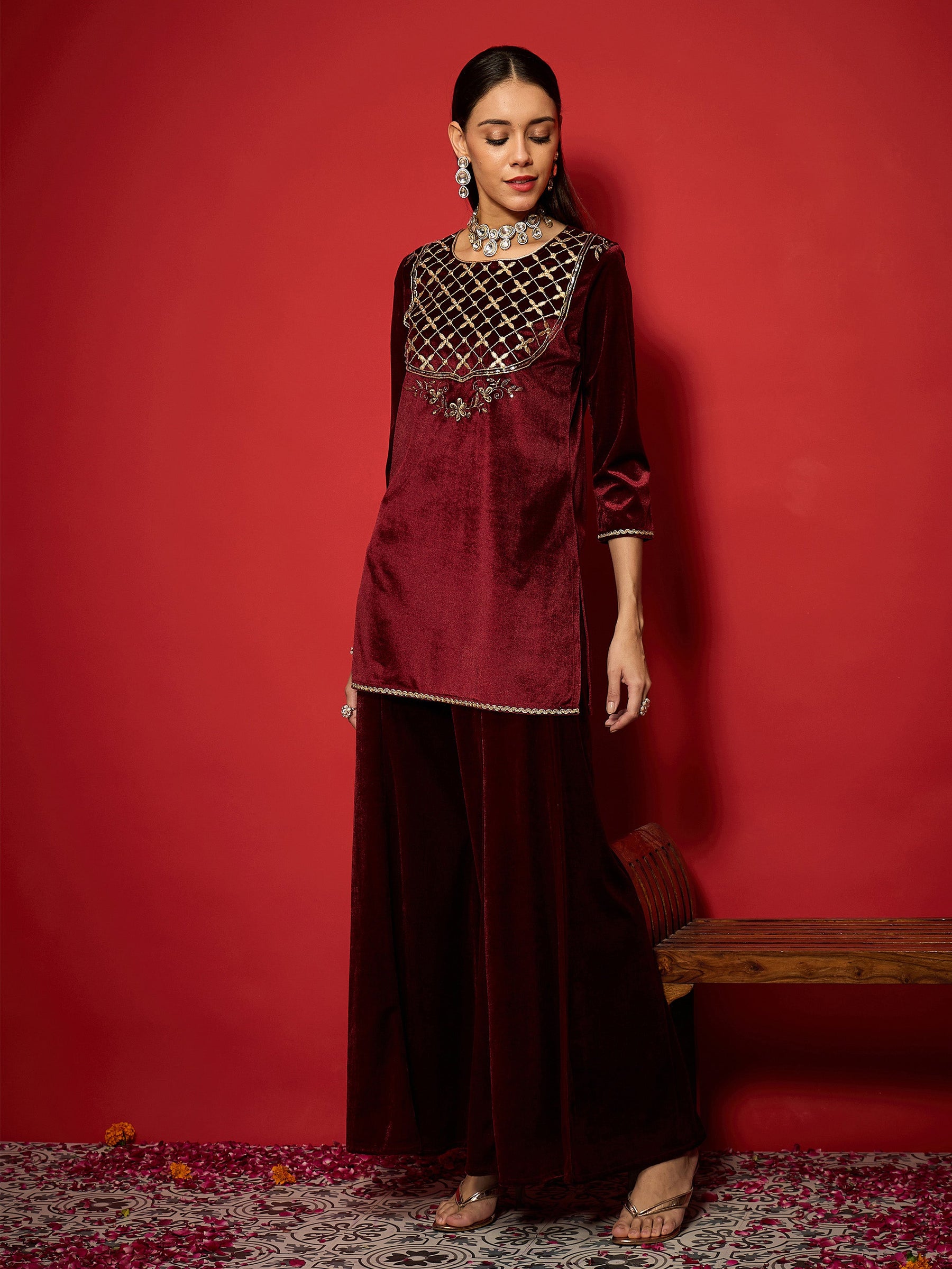 Maroon Velvet Front Embroidered Short Kurta-Shae by SASSAFRAS