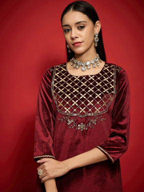 Maroon Velvet Front Embroidered Short Kurta-Shae by SASSAFRAS