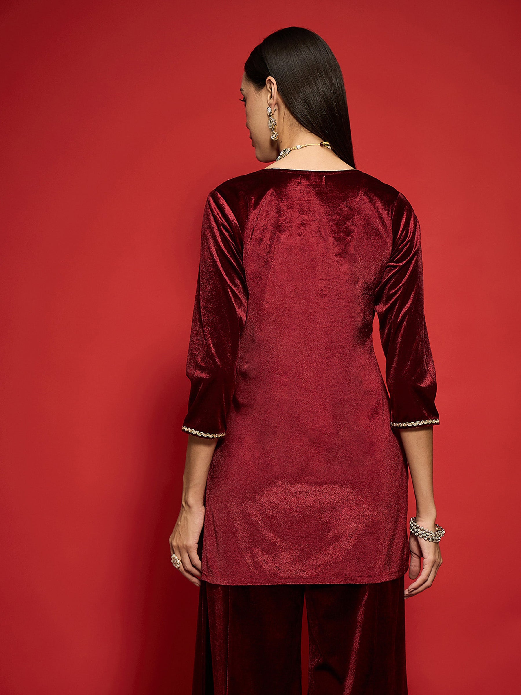 Maroon Velvet Front Embroidered Short Kurta-Shae by SASSAFRAS