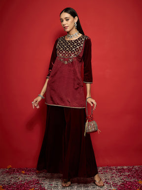 Maroon Velvet Front Embroidered Short Kurta With Palazzo Pants -Shae by SASSAFRAS