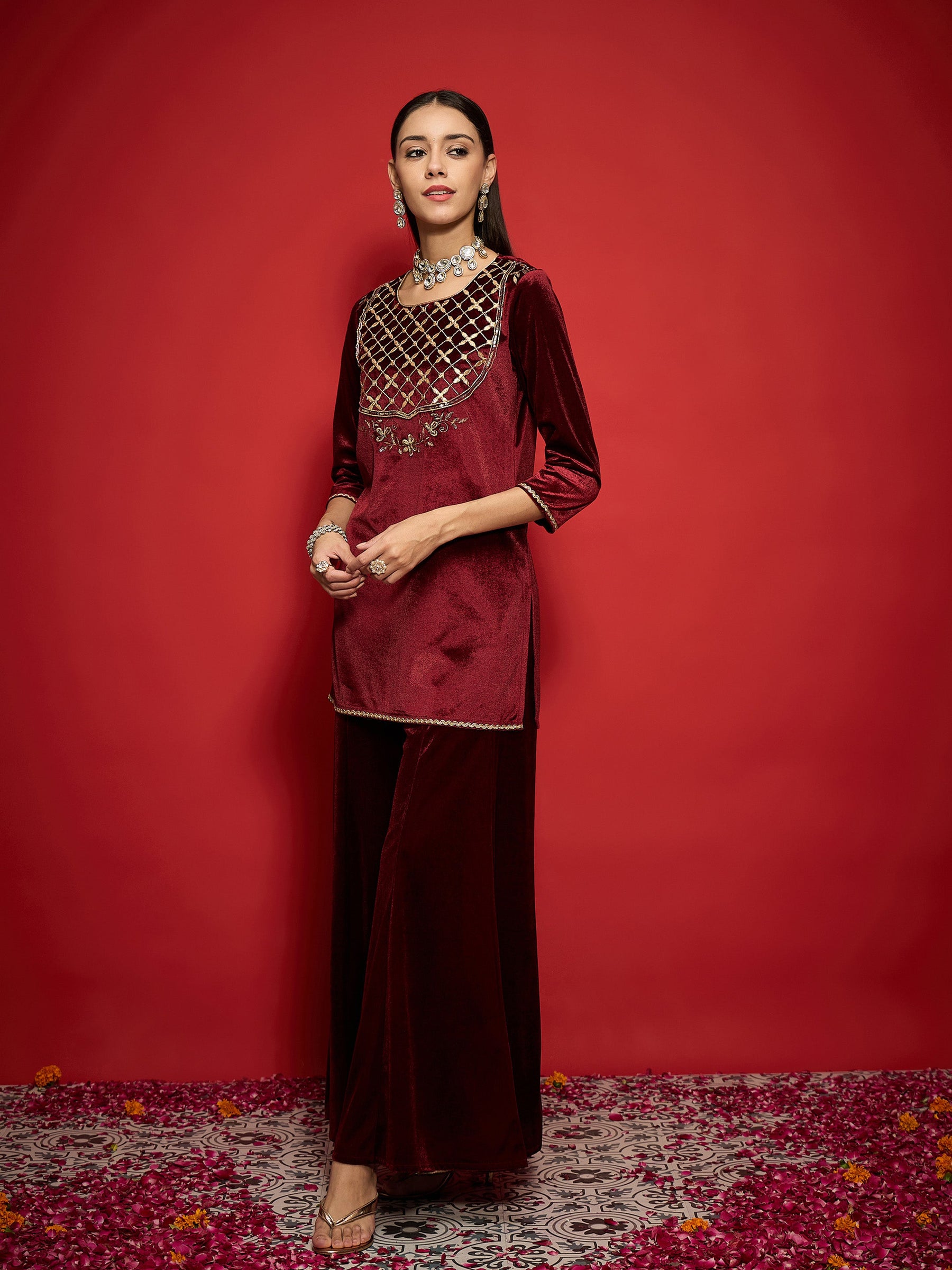 Maroon Velvet Front Embroidered Short Kurta With Palazzo Pants -Shae by SASSAFRAS