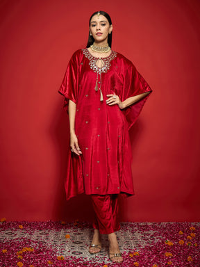 Red Velvet Front Embroidered Kaftan Kurta-Shae by SASSAFRAS