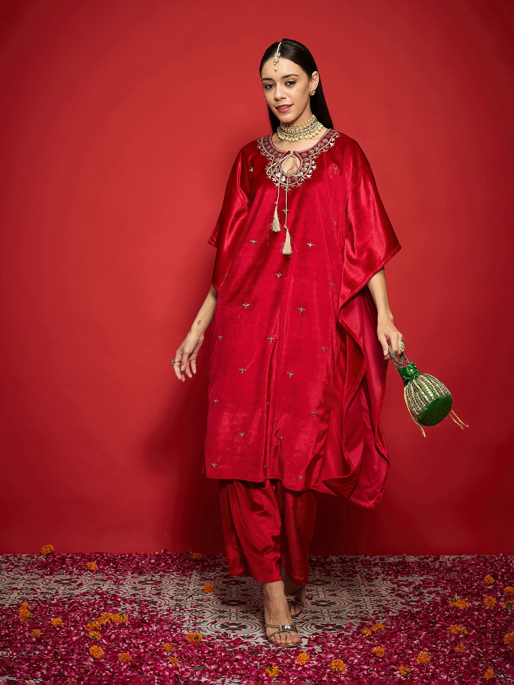 Red Velvet Front Embroidered Kaftan Kurta-Shae by SASSAFRAS