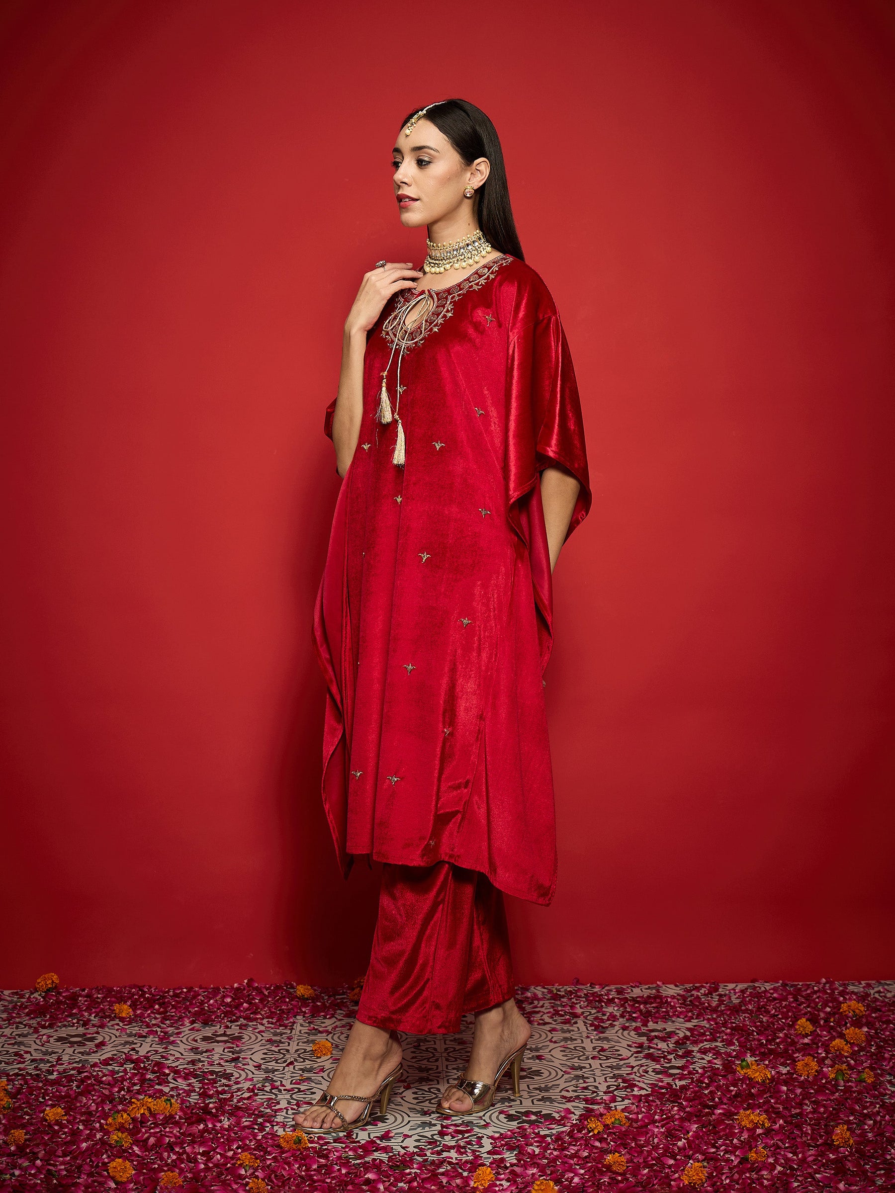 Red Velvet Front Embroidered Kaftan Kurta-Shae by SASSAFRAS