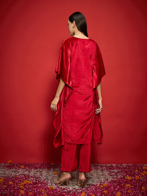 Red Velvet Front Embroidered Kaftan Kurta-Shae by SASSAFRAS