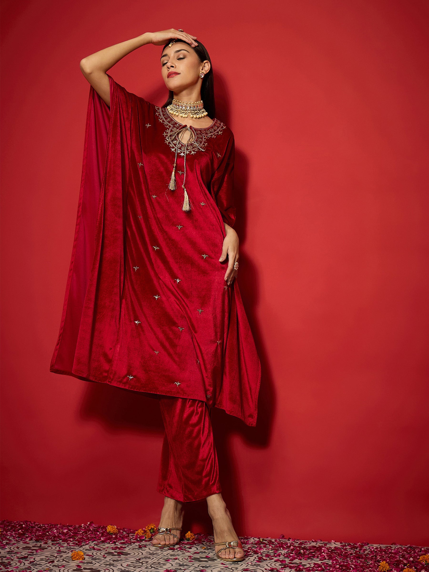 Red Velvet Embroidered Kaftan Kurta With Straight Pants -Shae by SASSAFRAS