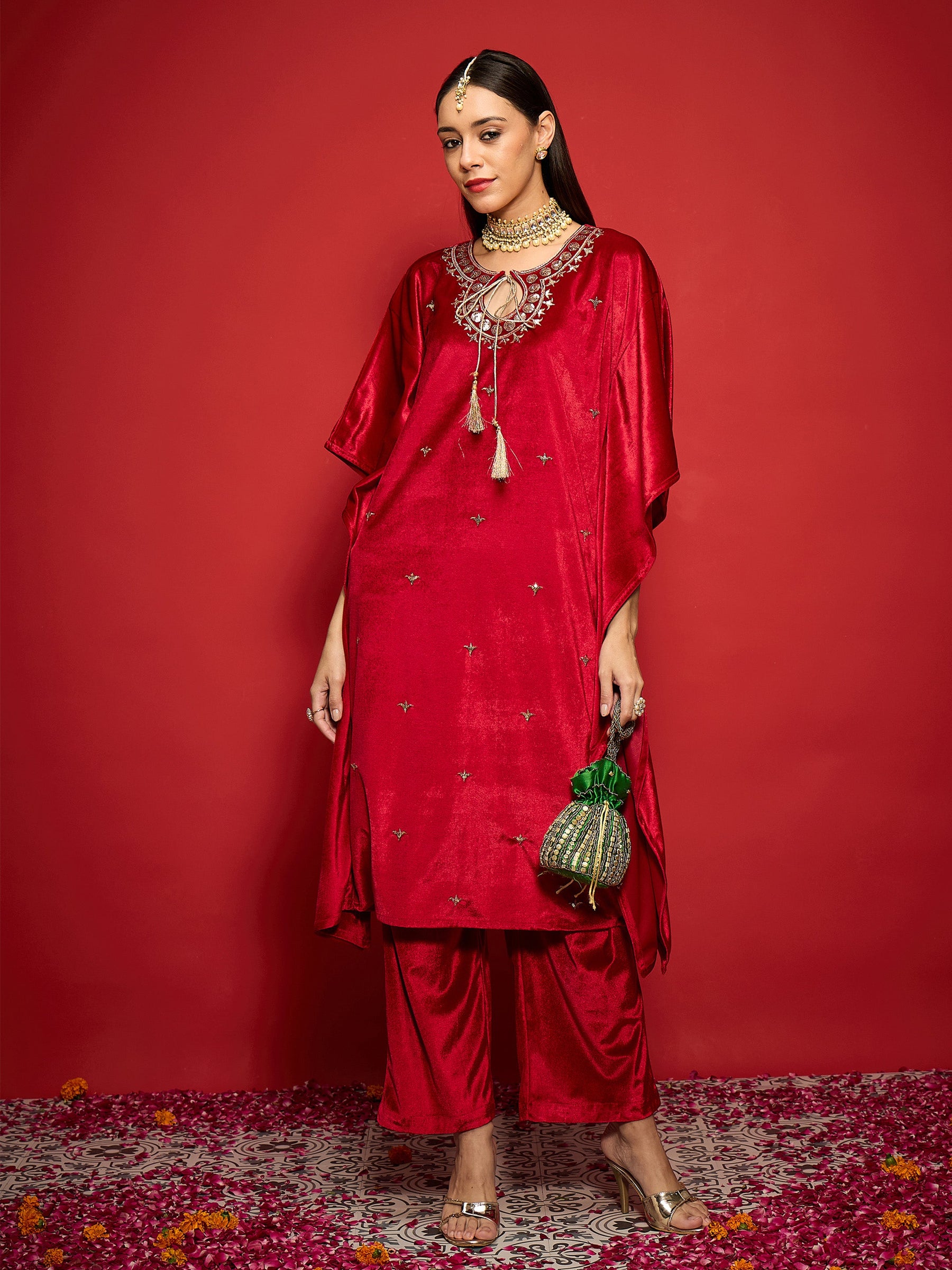 Red Velvet Embroidered Kaftan Kurta With Straight Pants -Shae by SASSAFRAS