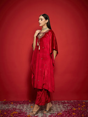 Red Velvet Embroidered Kaftan Kurta With Straight Pants -Shae by SASSAFRAS