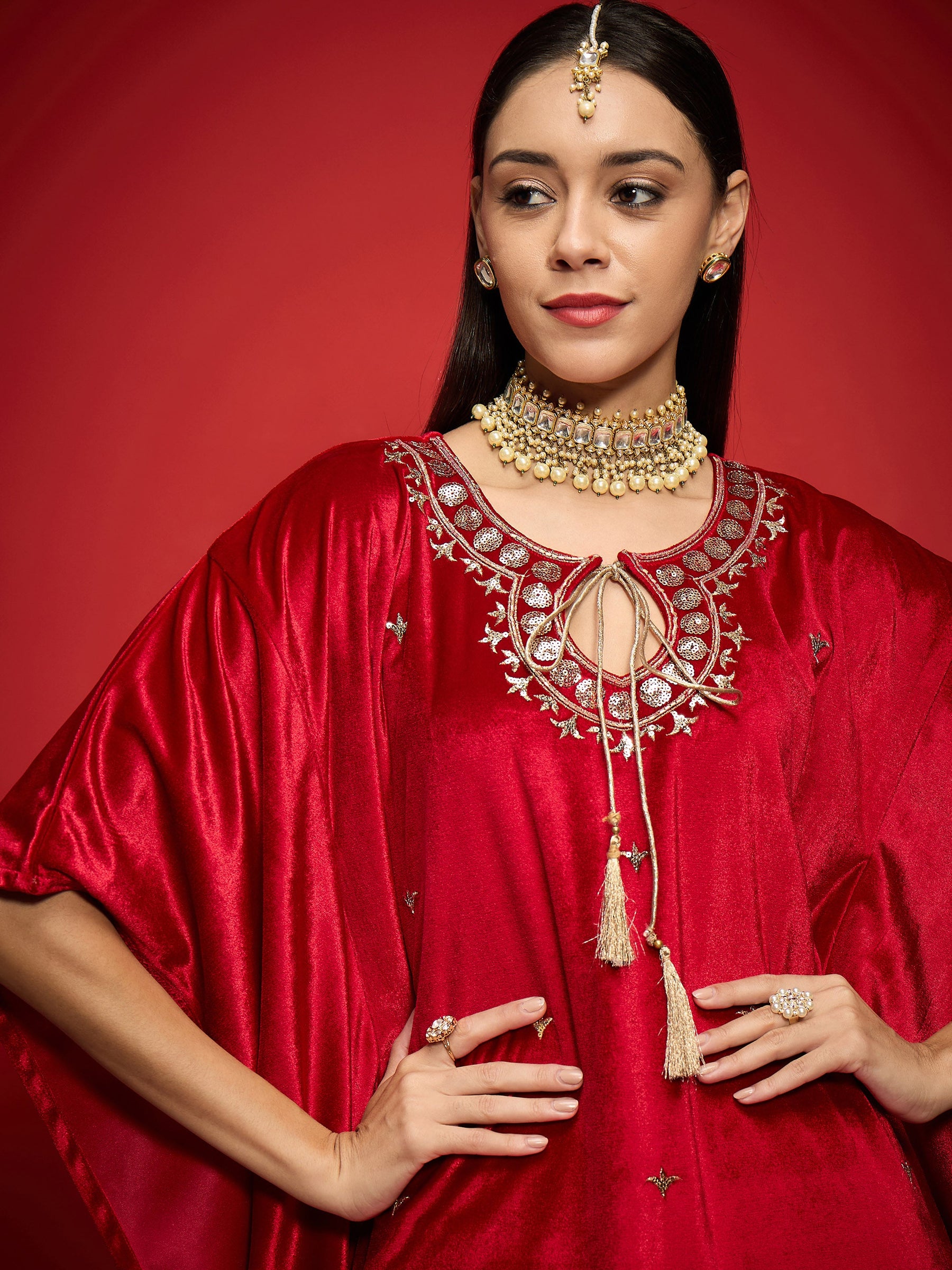 Red Velvet Embroidered Kaftan Kurta With Straight Pants -Shae by SASSAFRAS