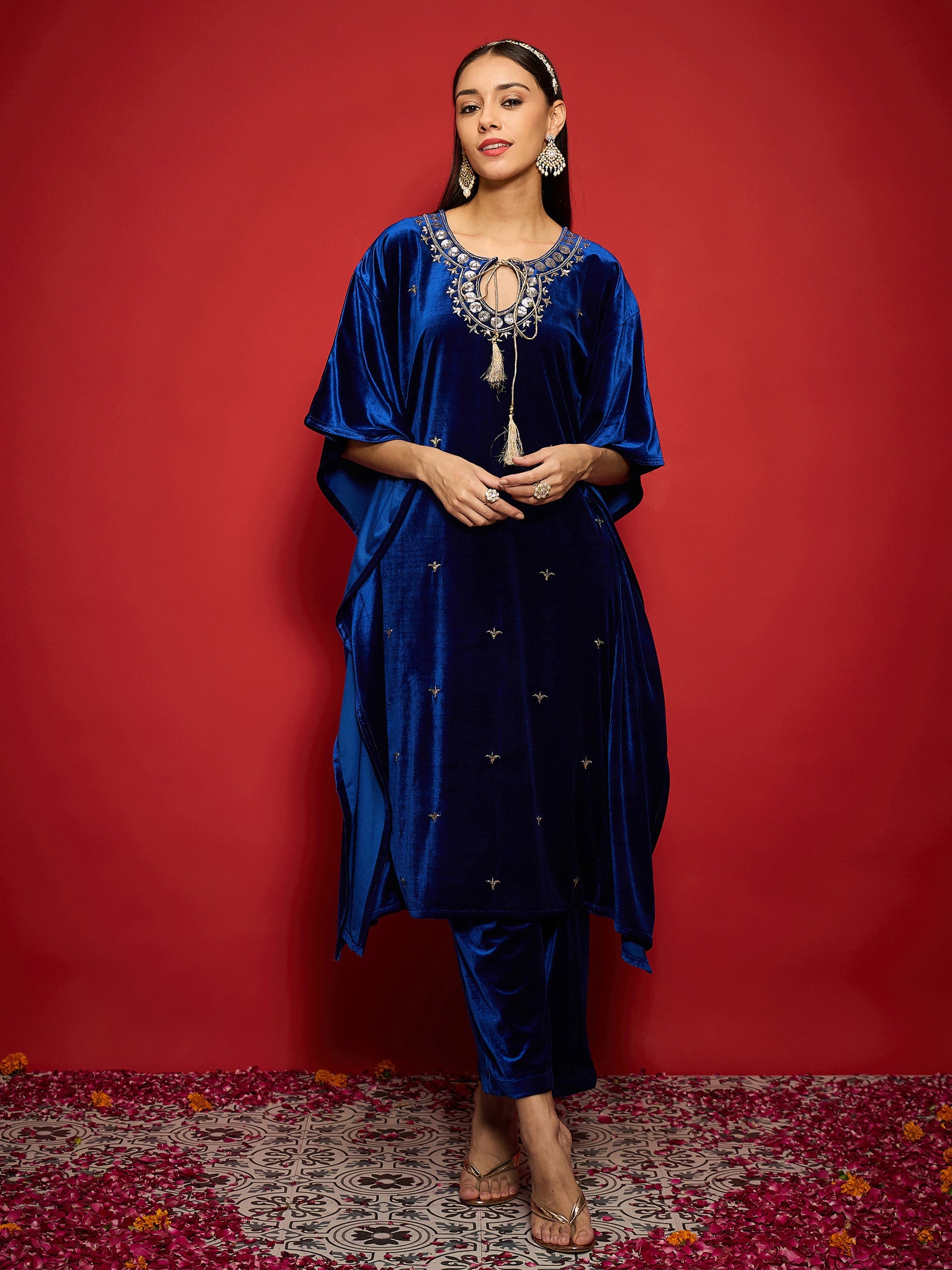 Royal Blue Velvet Front Embroidered Kaftan Kurta-Shae by SASSAFRAS