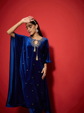 Royal Blue Velvet Front Embroidered Kaftan Kurta-Shae by SASSAFRAS