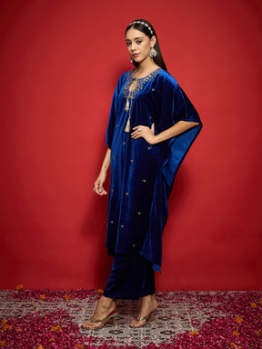 Royal Blue Velvet Front Embroidered Kaftan Kurta-Shae by SASSAFRAS