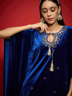 Royal Blue Velvet Front Embroidered Kaftan Kurta-Shae by SASSAFRAS