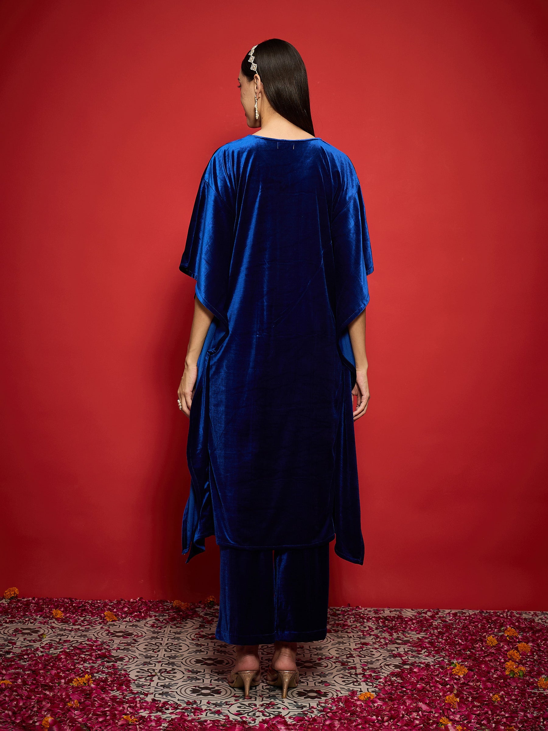 Royal Blue Velvet Front Embroidered Kaftan Kurta-Shae by SASSAFRAS