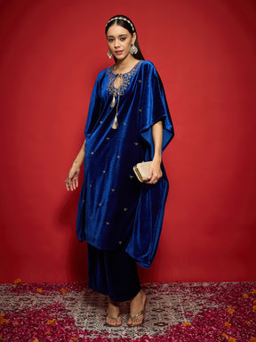 Royal Blue Velvet Embroidered Kaftan Kurta With Straight Pants -Shae by SASSAFRAS