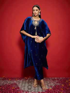 Royal Blue Velvet Embroidered Kaftan Kurta With Straight Pants -Shae by SASSAFRAS