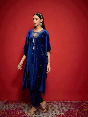 Royal Blue Velvet Embroidered Kaftan Kurta With Straight Pants -Shae by SASSAFRAS