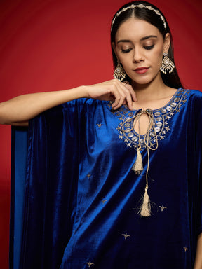 Royal Blue Velvet Embroidered Kaftan Kurta With Straight Pants -Shae by SASSAFRAS