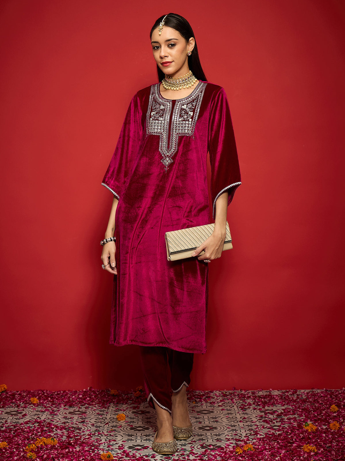 Fuchsia Velvet Embroidered Round Neck Straight Kurta-Shae by SASSAFRAS