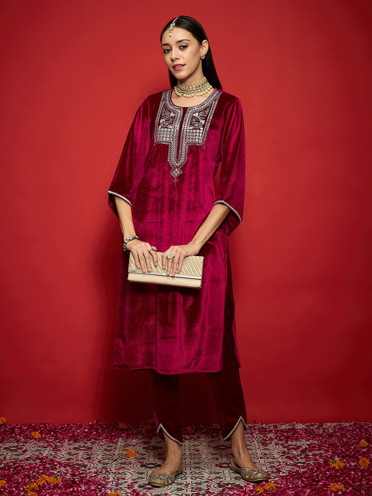 Fuchsia Velvet Embroidered Kurta With Tulip Pants-Shae by SASSAFRAS