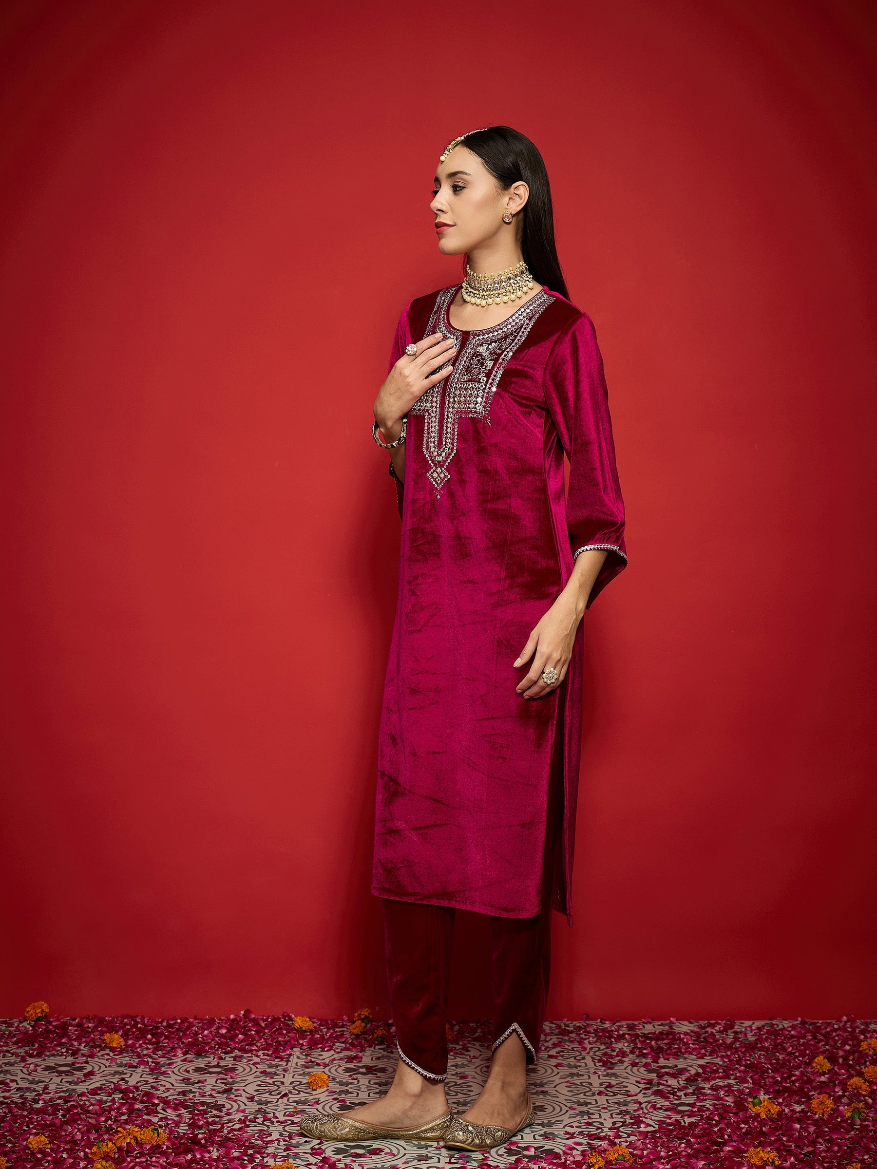 Fuchsia Velvet Embroidered Kurta With Tulip Pants-Shae by SASSAFRAS