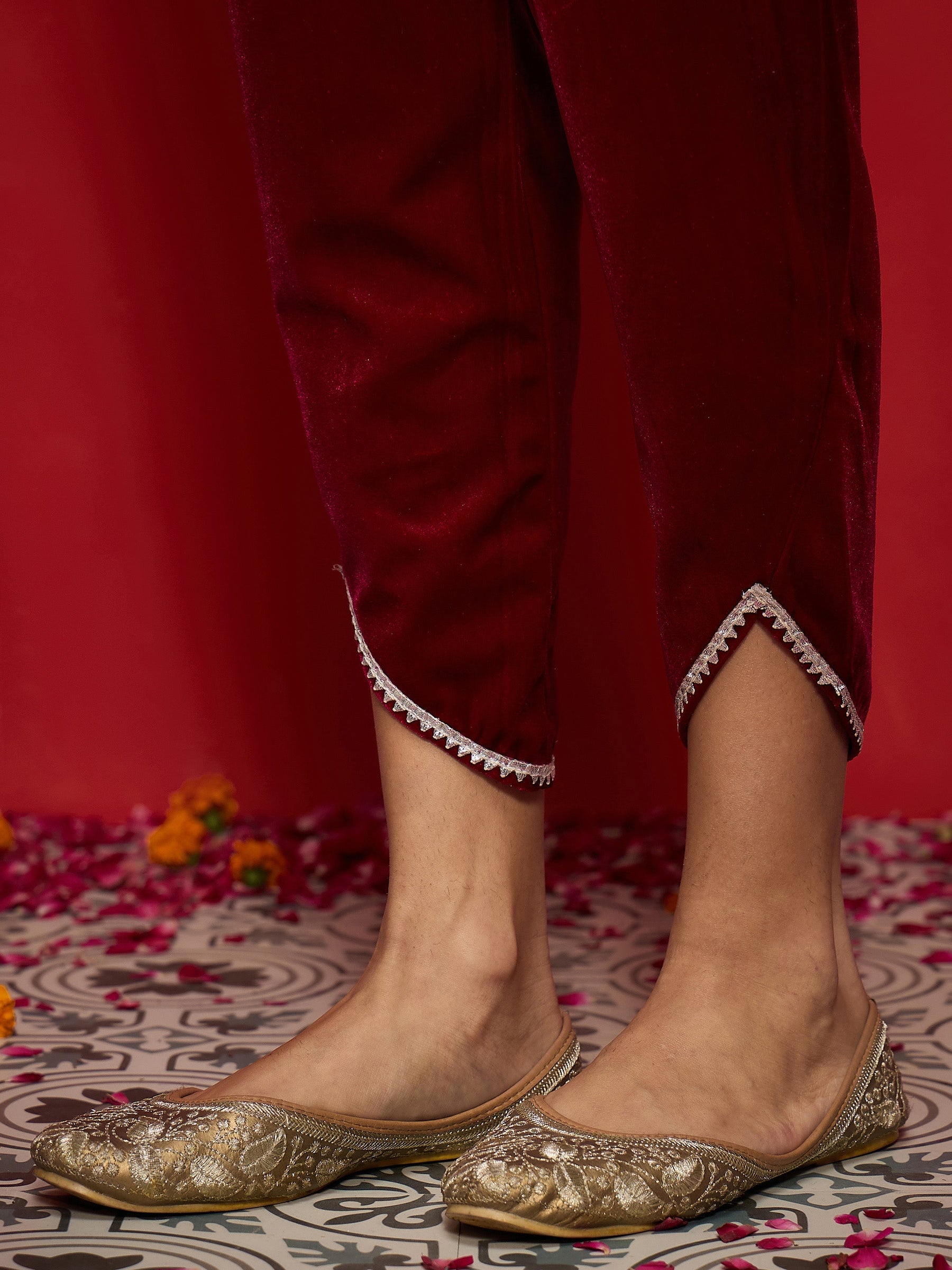 Fuchsia Velvet Embroidered Kurta With Tulip Pants-Shae by SASSAFRAS