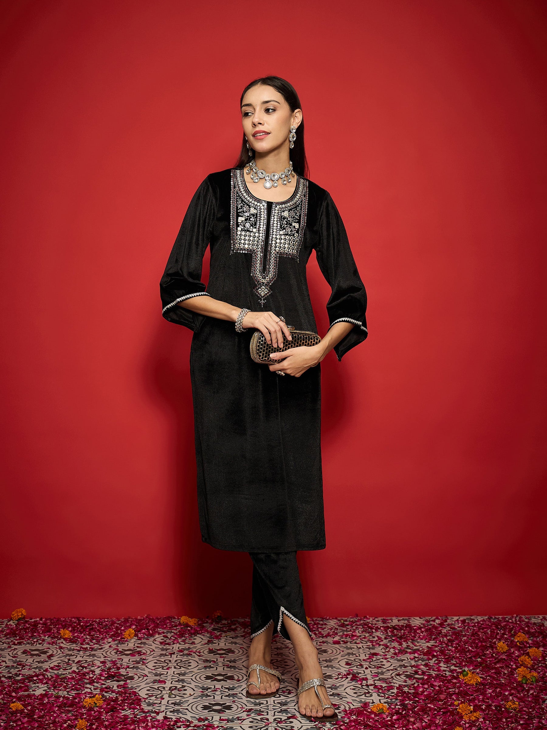 Black Velvet Embroidered Round Neck Straight Kurta-Shae by SASSAFRAS