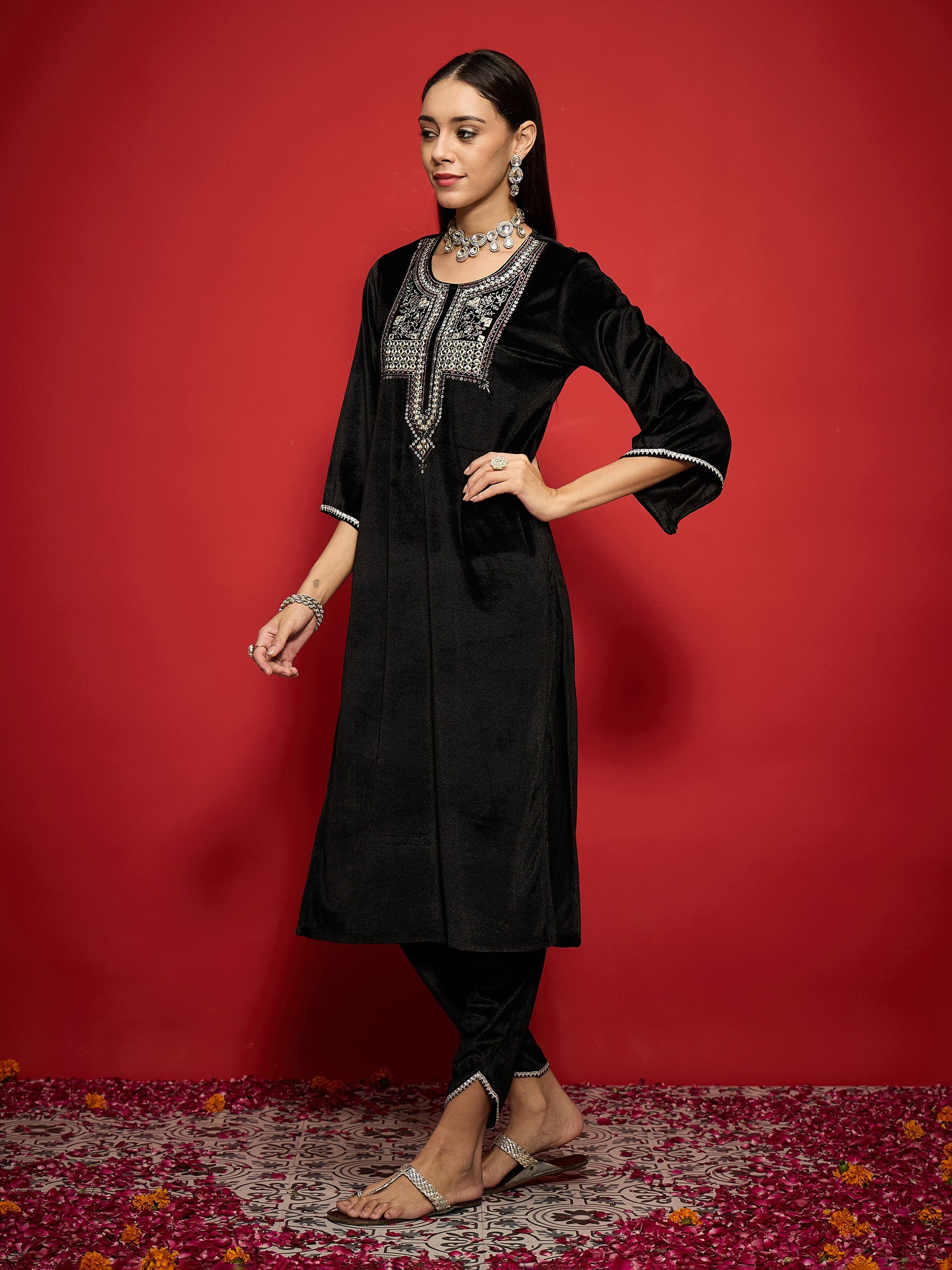 Black Velvet Embroidered Round Neck Straight Kurta-Shae by SASSAFRAS