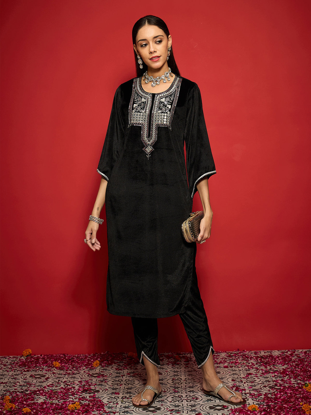 Black Velvet Embroidered Kurta With Tulip Pants-Shae by SASSAFRAS