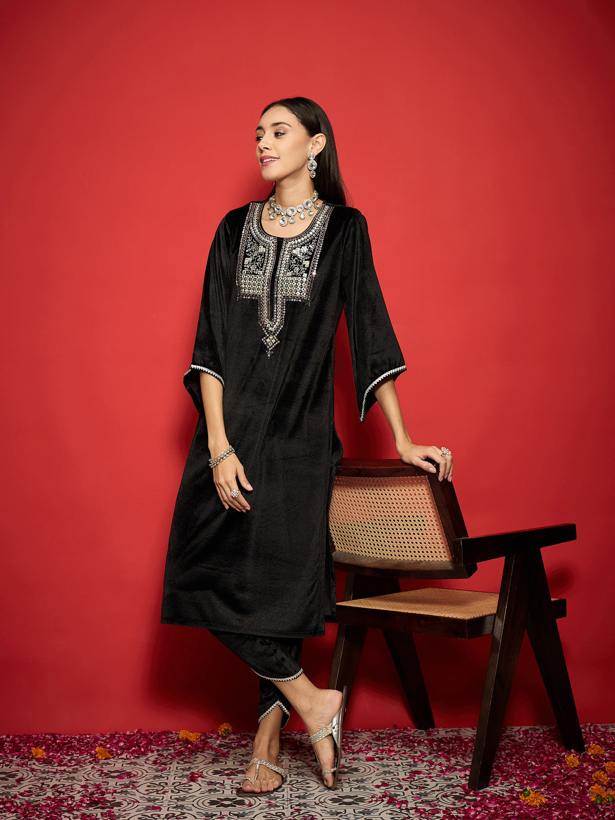 Black Velvet Embroidered Kurta With Tulip Pants-Shae by SASSAFRAS