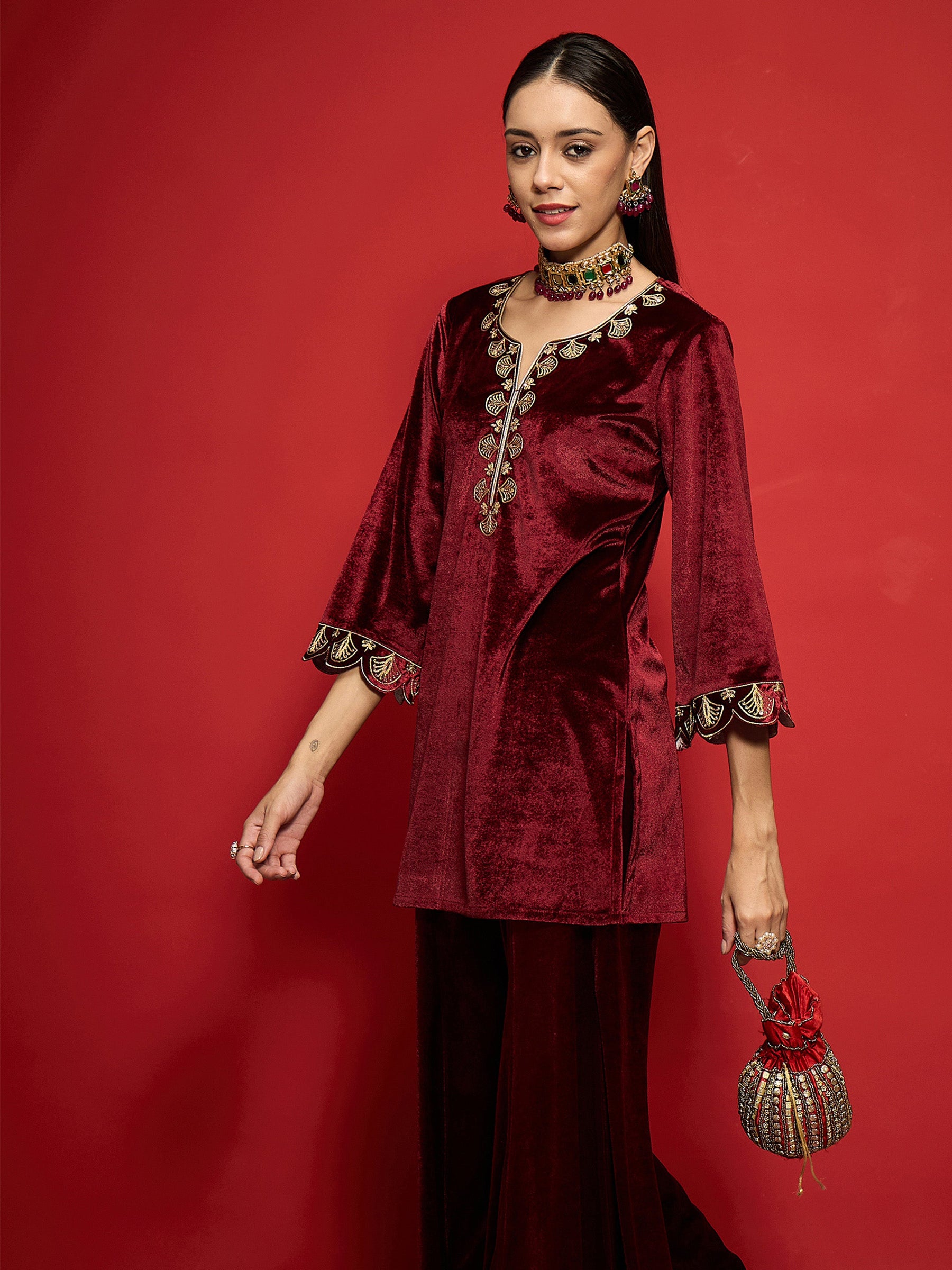 Maroon Velvet Embroidered V-Neck Short Kurta-Shae by SASSAFRAS