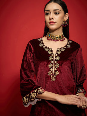 Maroon Velvet Embroidered V-Neck Short Kurta-Shae by SASSAFRAS