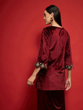 Maroon Velvet Embroidered V-Neck Short Kurta-Shae by SASSAFRAS