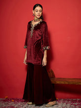 Maroon Velvet V-Neck Short Kurta With Palazzo Pants-Shae by SASSAFRAS