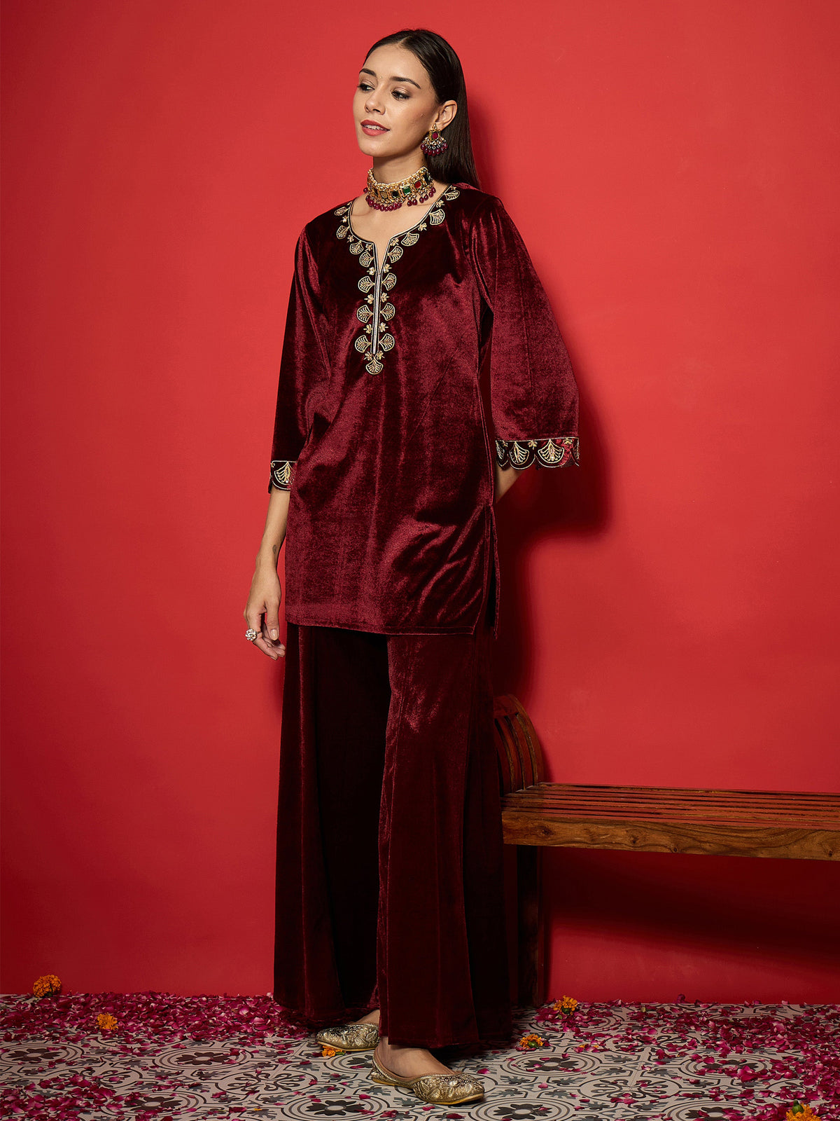 Maroon Velvet V-Neck Short Kurta With Palazzo Pants-Shae by SASSAFRAS