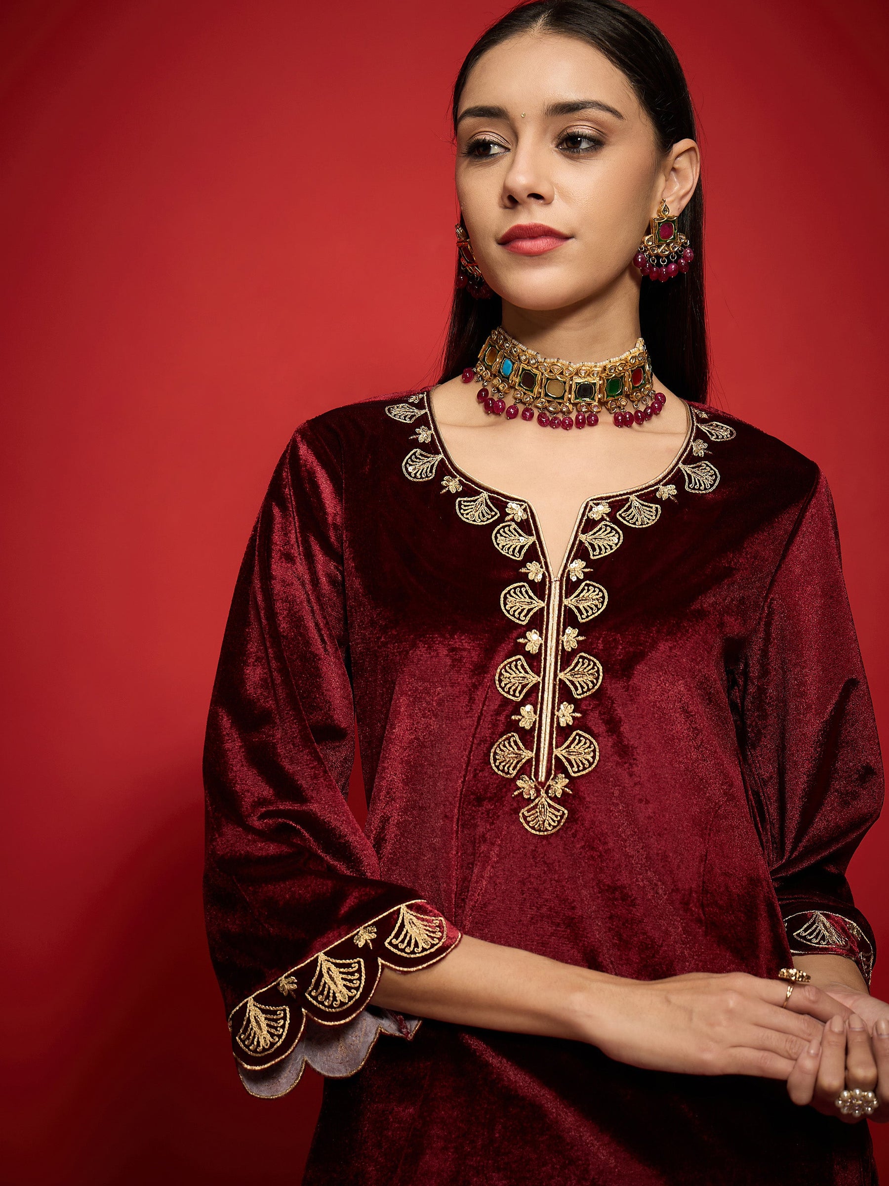 Maroon Velvet V-Neck Short Kurta With Palazzo Pants-Shae by SASSAFRAS