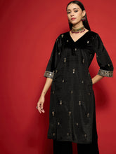 Black Velvet All Over Embroidered Straight Kurta-Shae by SASSAFRAS