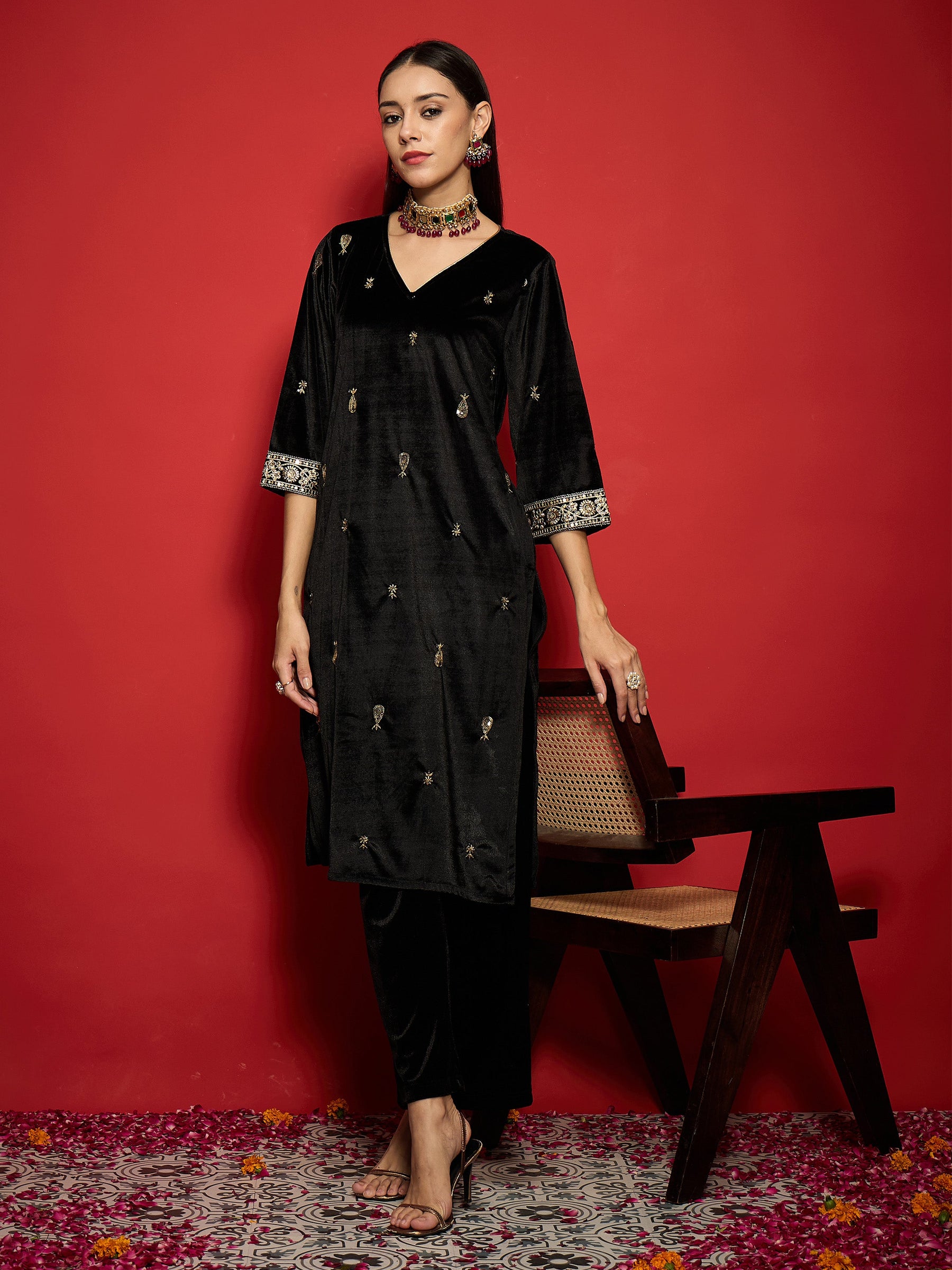 Black Velvet All Over Embroidered Straight Kurta-Shae by SASSAFRAS