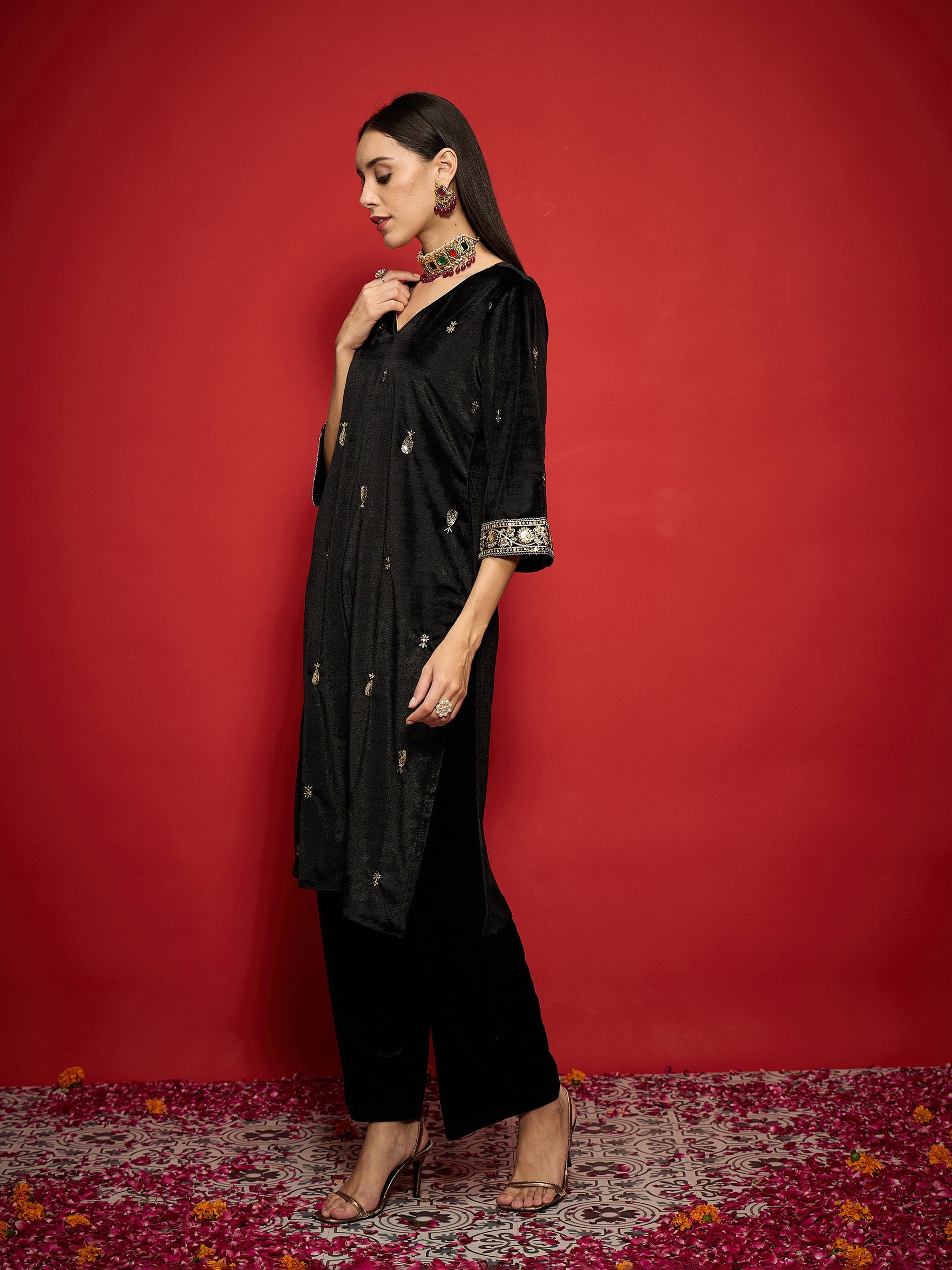 Black Velvet All Over Embroidered Straight Kurta-Shae by SASSAFRAS