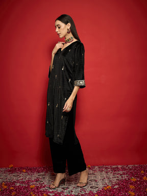 Black Velvet All Over Embroidered Straight Kurta-Shae by SASSAFRAS