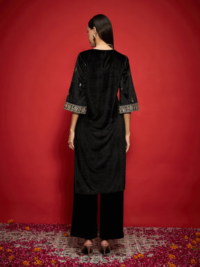 Black Velvet All Over Embroidered Straight Kurta-Shae by SASSAFRAS