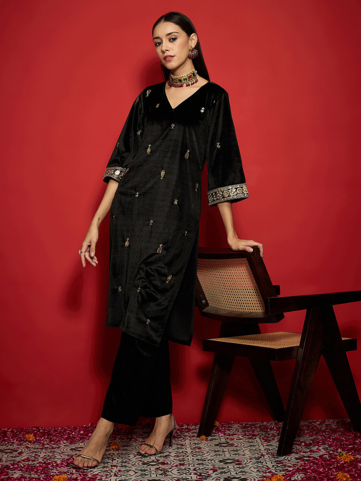 Black Velvet All Over Embroidered Kurta With Straight Pants -Shae by SASSAFRAS