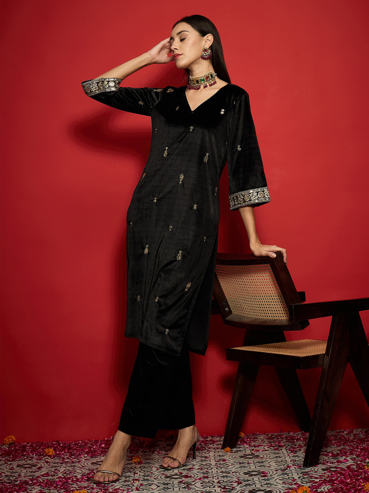 Black Velvet All Over Embroidered Kurta With Straight Pants -Shae by SASSAFRAS